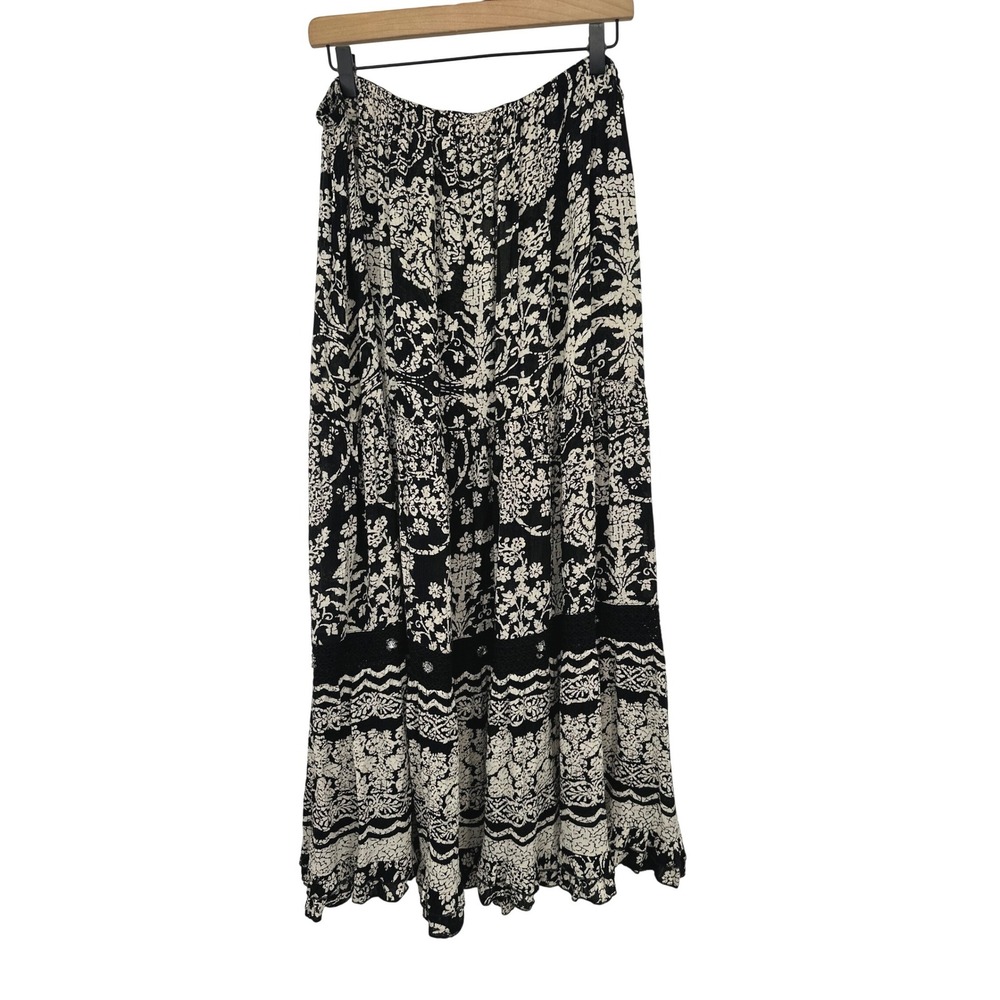 Forbidden Los Angeles Maxi Skirt XL Black Floral Rhinestone Crochet Boho Hippie